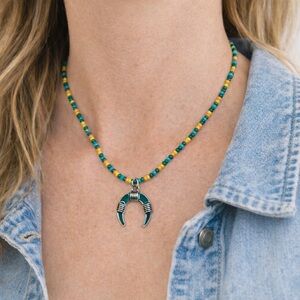 Justin Western Beaded Necklace Teal Enamel Crescent Horn Pendant NWT